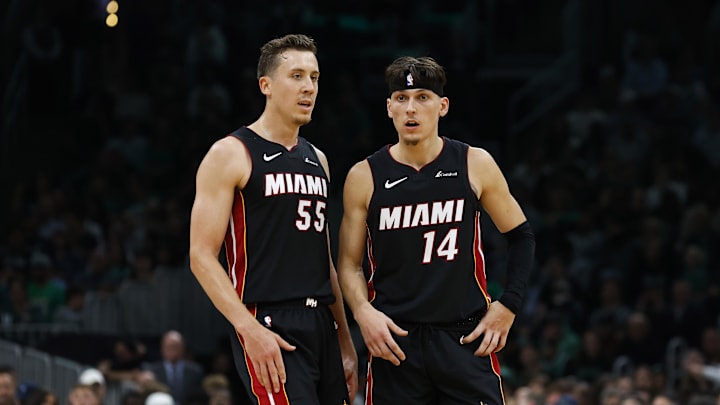 Oct 27, 2023; Boston, Massachusetts, USA; Miami Heat forward Duncan Robinson (55) and guard Tyler Herro (14) during the second half against the Boston Celtics at TD Garden. Mandatory Credit: Winslow Townson-USA TODAY Sports