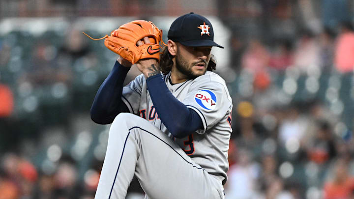 Aug 22, 2025; Baltimore, Maryland, USA;  Houston Astros pitcher Lance McCullers Jr. (43) delivers a pitch during the second inning against the Baltimore Orioles at Oriole Park at Camden Yards. Mandatory Credit: James A. Pittman-Imagn Images