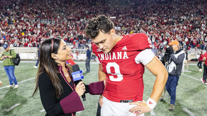 Nov 9, 2024; Bloomington, Indiana, USA; Indiana Hoosiers quarterback Kurtis Rourke (9) talks to a reporter after the game against the Michigan Wolverines  at Memorial Stadium. Mandatory Credit: Trevor Ruszkowski-Imagn Images