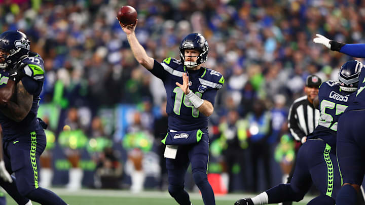 Jan 25, 2026; Seattle, WA, USA; Seattle Seahawks quarterback Sam Darnold (14) passes against the Los Angeles Rams during the first half in the 2026 NFC Championship Game at Lumen Field. Mandatory Credit: Kevin Ng-Imagn Images Jan 25, 2026; Seattle, WA, USA; Seattle Seahawks quarterback Sam Darnold (14) passes against the Los Angeles Rams during the first half in the 2026 NFC Championship Game at Lumen Field. Mandatory Credit: Kevin Ng-Imagn Images