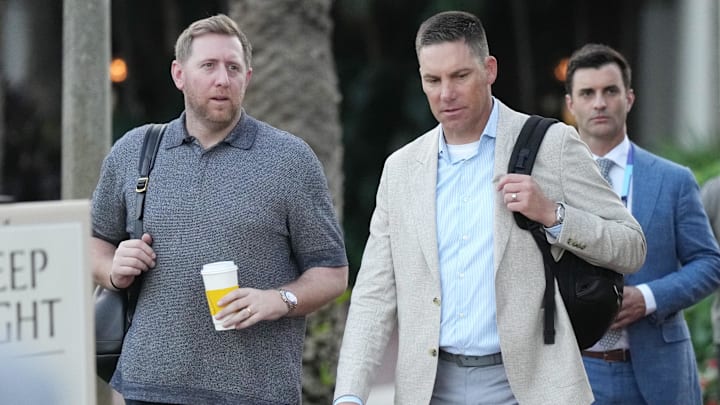 Mar 31, 2025; Palm Beach, FL, USA;  Jacksonville Jaguars head coach Liam Coen, left, and executive vice president of football operations, Tony Boselli, attend the NFL Annual League Meeting at The Breakers. Mandatory Credit: Jim Rassol-Imagn Images