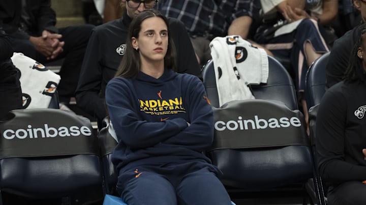 Jul 1, 2025; Minneapolis, Minnesota, USA; Indiana Fever guard Caitlin Clark (22) looks on against the Minnesota Lynx in the second half during the Commissioner's Cup final at Target Center. Mandatory Credit: Jesse Johnson-Imagn Images
