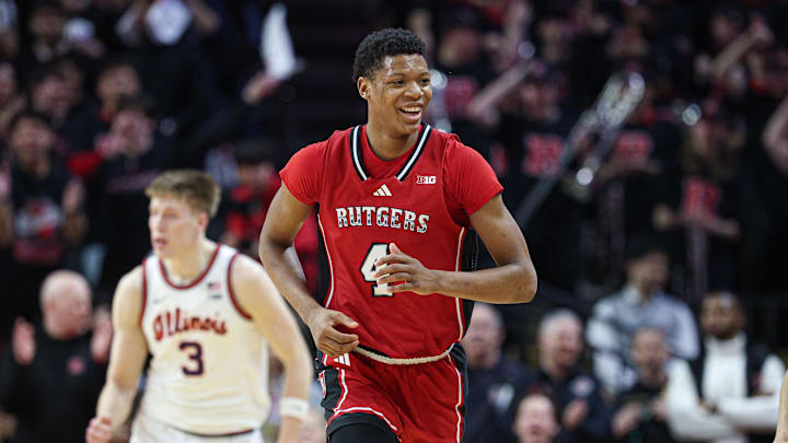 Feb 5, 2025; Piscataway, New Jersey, USA; Rutgers Scarlet Knights guard Ace Bailey (4) runs up court after  basket against the Illinois Fighting Illini during the first half at Jersey Mike's Arena. Mandatory Credit: Vincent Carchietta-Imagn Images
