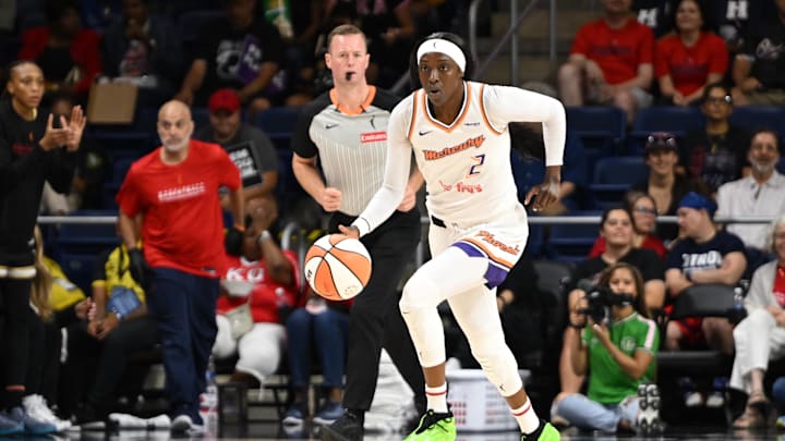 Sep 4, 2025; Washington, District of Columbia, USA;  Phoenix Mercury guard Kahleah Copper (2) dribbles the ball up court against the Washington Mystics during the first quarter at CareFirst Arena. Mandatory Credit: Rafael Suanes-Imagn Images