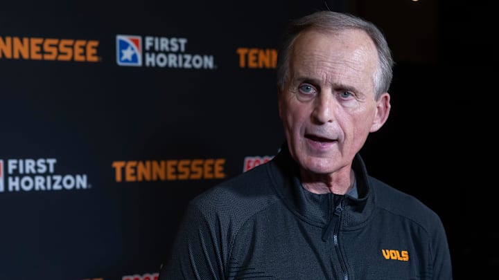 University of Tennessee Volunteers men's basketball head coach Rick Barnes speaks with members of the media during the Nashville stop for University of Tennessee's 2025 Big Orange Caravan event Wednesday, April 30, 2025 at GEODIS Park. University of Tennessee Volunteers men's basketball head coach Rick Barnes speaks with members of the media during the Nashville stop for University of Tennessee's 2025 Big Orange Caravan event Wednesday, April 30, 2025 at GEODIS Park.