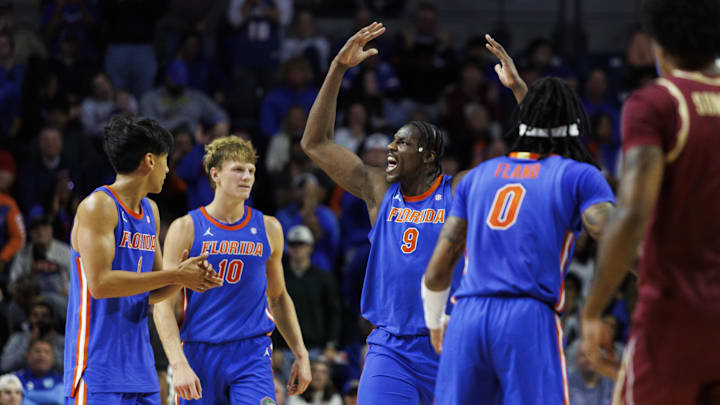 Nov 11, 2025; Gainesville, Florida, USA; Florida Gators center Rueben Chinyelu (9) reacts after a play against the Florida State Seminoles during the second half at Exactech Arena at the Stephen C. O'Connell Center. Mandatory Credit: Morgan Tencza-Imagn Images