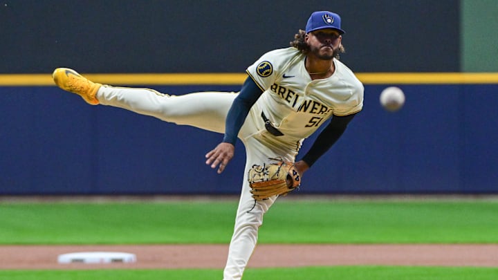 Apr 5, 2024; Milwaukee, Wisconsin, USA; Milwaukee Brewers pitcher Freddy Peralta (51) throws a pitch