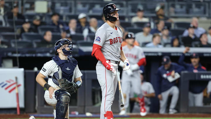 Aug 21, 2025; Bronx, New York, USA;  Boston Red Sox right fielder Roman Anthony (19) hits a two run home run in the ninth inning against the New York Yankees at Yankee Stadium. Mandatory Credit: Wendell Cruz-Imagn Images