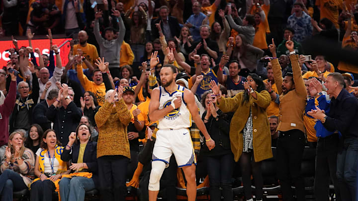 Apr 15, 2025; San Francisco, California, USA; Golden State Warriors guard Stephen Curry (30) reacts after making a three point basket against the Memphis Grizzlies in the fourth quarter at the Chase Center. Mandatory Credit: Cary Edmondson-Imagn Images Apr 15, 2025; San Francisco, California, USA; Golden State Warriors guard Stephen Curry (30) reacts after making a three point basket against the Memphis Grizzlies in the fourth quarter at the Chase Center. Mandatory Credit: Cary Edmondson-Imagn Images