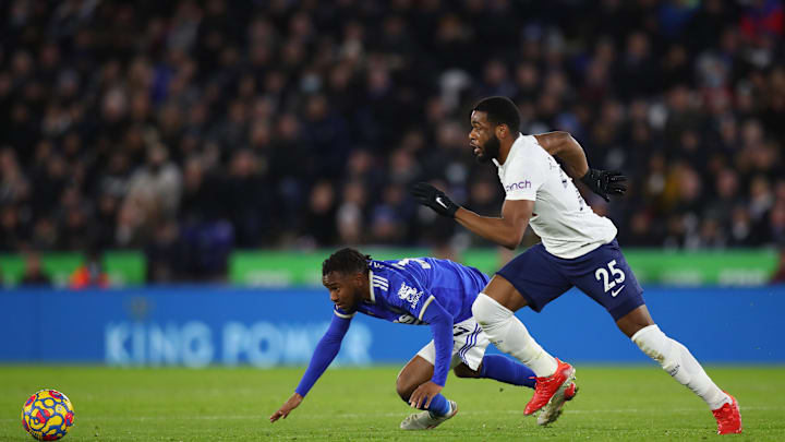Ademola Lookman and Japhet Tanganga tussling for the ball when Spurs played Leicester City in January 2022