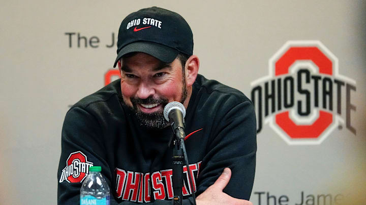Ohio State Buckeyes head coach Ryan Day talks to media following the NCAA football game against the Michigan Wolverines at Michigan Stadium in Ann Arbor, Mich. on Nov. 29, 2025. Ohio State won 27-9.