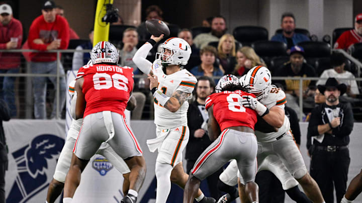 Dec 31, 2025; Arlington, TX, USA; Miami Hurricanes quarterback Carson Beck (11) throws the ball during the 2025 Cotton Bowl and quarterfinal game of the College Football Playoff at AT&T Stadium. Mandatory Credit: Jerome Miron-Imagn Images Dec 31, 2025; Arlington, TX, USA; Miami Hurricanes quarterback Carson Beck (11) throws the ball during the 2025 Cotton Bowl and quarterfinal game of the College Football Playoff at AT&T Stadium. Mandatory Credit: Jerome Miron-Imagn Images