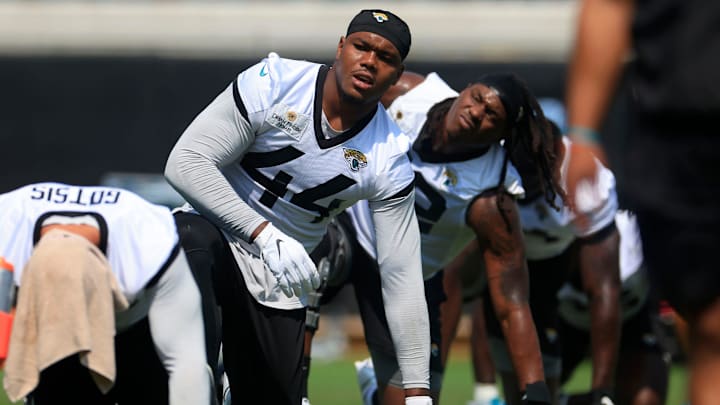Jacksonville Jaguars linebacker Travon Walker (44) stretches during an organized team activity- 
