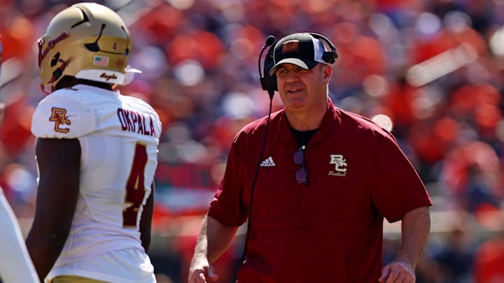 Oct 5, 2024; Charlottesville, Virginia, USA; Boston College Eagles head coach Bill O'Brien looks on during the second quarter against the Virginia Cavaliers at Scott Stadium. Mandatory Credit: Peter Casey-Imagn Images Oct 5, 2024; Charlottesville, Virginia, USA; Boston College Eagles head coach Bill O'Brien looks on during the second quarter against the Virginia Cavaliers at Scott Stadium. Mandatory Credit: Peter Casey-Imagn Images