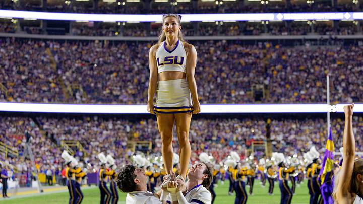 LSU Tigers cheerleaders perform for the fans at Tiger Stadium. LSU Tigers cheerleaders perform for the fans at Tiger Stadium.