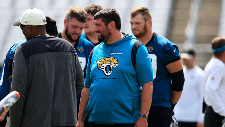 Jacksonville Jaguars offensive line coach Phil Rauscher smiles after the third and final day of a mandatory minicamp Monday, June 12, 2023 at TIAA Bank Field in Jacksonville, Fla.