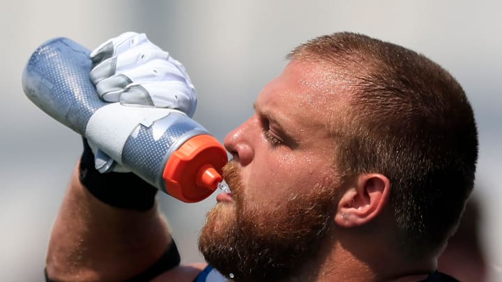 Jacksonville Jaguars guard Brandon Scherff (68) hydrates Monday, Aug. 14, 2023 at Miller Electric Center at EverBank Stadium in Jacksonville, Fla. Today was the 14th training camp session.
