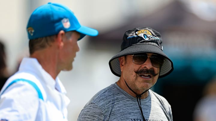Owner Shad Khan talks with general manager Trent Baalke Monday, Aug. 14, 2023 at Miller Electric Center at EverBank Stadium in Jacksonville, Fla. Today was the 14th training camp session.