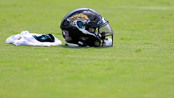 The helmet of Jacksonville Jaguars wide receiver Seth Williams (81) lies on the field after the third and final day of a mandatory minicamp Monday, June 12, 2023 at TIAA Bank Field in Jacksonville, Fla. The helmet of Jacksonville Jaguars wide receiver Seth Williams (81) lies on the field after the third and final day of a mandatory minicamp Monday, June 12, 2023 at TIAA Bank Field in Jacksonville, Fla.