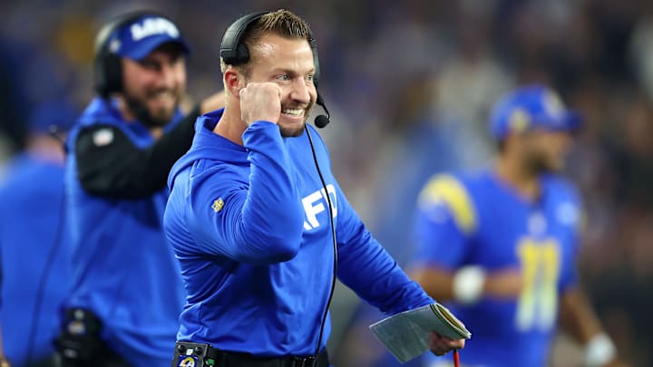 Jan 13, 2025; Glendale, AZ, USA; Los Angeles Rams head coach Sean McVay reacts against the Minnesota Vikings during the first half in an NFC wild card game at State Farm Stadium. Mandatory Credit: Mark J. Rebilas-Imagn Images Jan 13, 2025; Glendale, AZ, USA; Los Angeles Rams head coach Sean McVay reacts against the Minnesota Vikings during the first half in an NFC wild card game at State Farm Stadium. Mandatory Credit: Mark J. Rebilas-Imagn Images