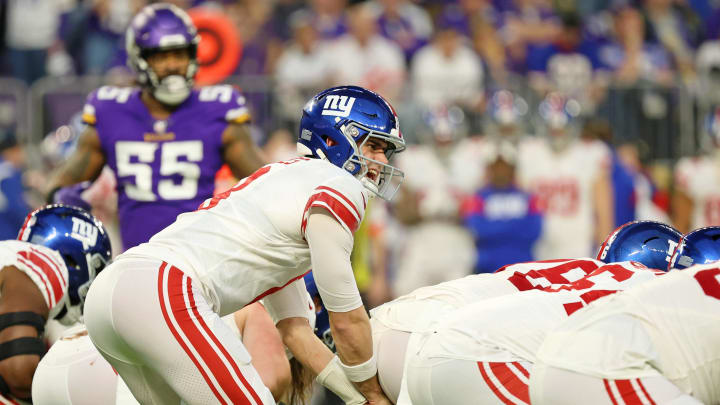 Jan 15, 2023; Minneapolis, Minnesota, USA; New York Giants quarterback Daniel Jones (8) prepares to snap the ball against the Minnesota Vikings during the first quarter of a wild card game at U.S. Bank Stadium. Mandatory Credit: Matt Krohn-USA TODAY Sports