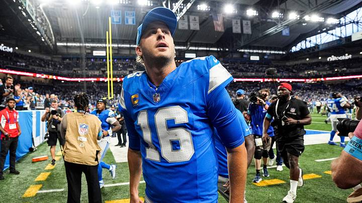 Detroit Lions quarterback Jared Goff (16) waves at fans after 31-24 win over New York Jets at Ford Field in Detroit on Sunday, Sept. 27, 2026. Detroit Lions quarterback Jared Goff (16) waves at fans after 31-24 win over New York Jets at Ford Field in Detroit on Sunday, Sept. 27, 2026.