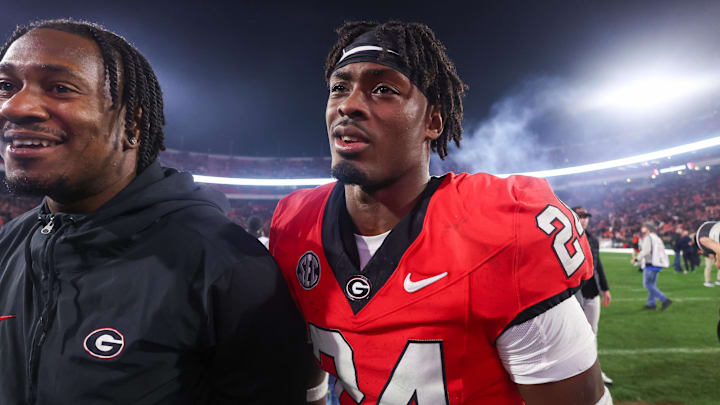 Nov 16, 2024; Athens, Georgia, USA; Georgia Bulldogs defensive back Malaki Starks (24) celebrates after a victory over the Tennessee Volunteers at Sanford Stadium. Mandatory Credit: Brett Davis-Imagn Images
