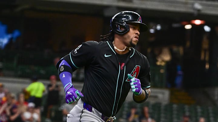Sep 22, 2024; Milwaukee, Wisconsin, USA; Arizona Diamondbacks second baseman Ketel Marte (4) runs the bases after hitting a solo home run in the first inning against the Milwaukee Brewers at American Family Field. Mandatory Credit: Benny Sieu-Imagn Images