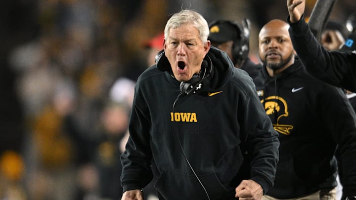 Nov 11, 2023; Iowa City, Iowa, USA; Iowa Hawkeyes head coach Kirk Ferentz reacts during the fourth quarter against the Rutgers Scarlet Knights at Kinnick Stadium. Mandatory Credit: Jeffrey Becker-Imagn Images