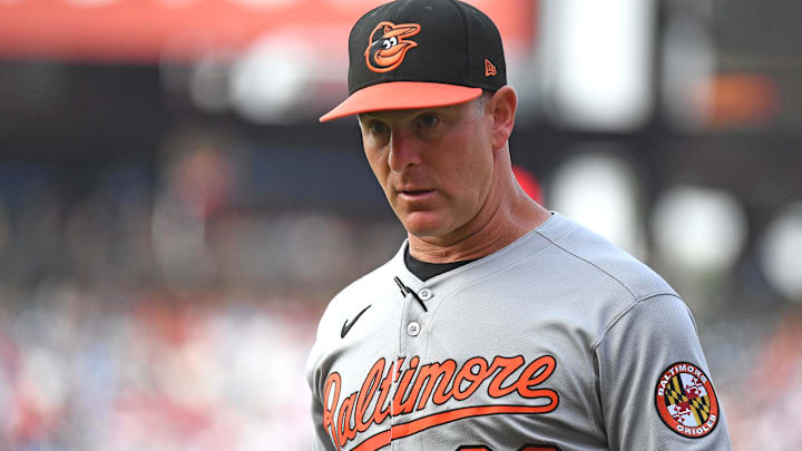 Aug 4, 2025; Philadelphia, Pennsylvania, USA; Baltimore Orioles interim manager Tony Mansolino (36) against the Philadelphia Phillies at Citizens Bank Park. Mandatory Credit: Eric Hartline-Imagn Images