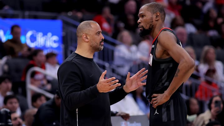 Mar 13, 2026; Houston, Texas, USA; Houston Rockets head coach Ime Udoka talks with Houston Rockets forward Kevin Durant (7) during the game against the New Orleans Pelicans at Toyota Center. Mandatory Credit: Erik Williams-Imagn Images