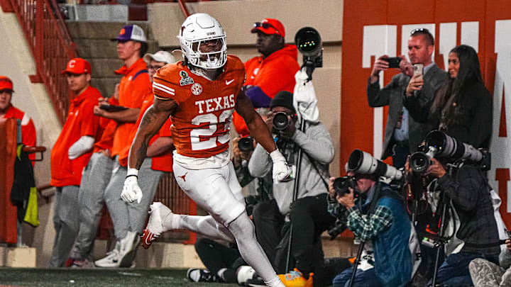 Texas Longhorns running back Jaydon Blue (23) celebrates a touchdown during the game against Clemson in the first round of the College Football Playoffs at Darrell K Royal-Texas Memorial Stadium on Saturday, Dec. 21, 2024.