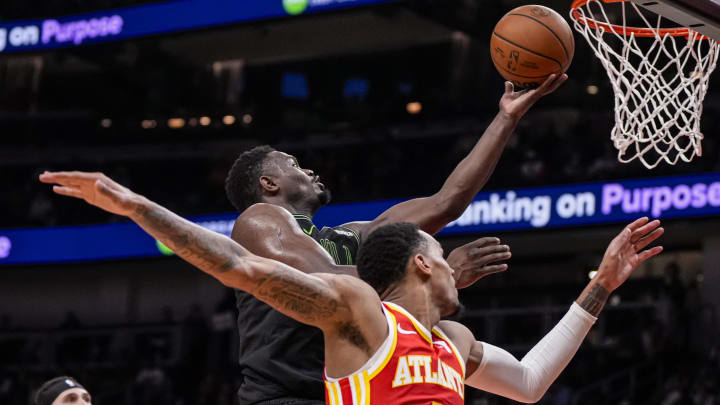 Mar 10, 2024; Atlanta, Georgia, USA; New Orleans Pelicans forward Zion Williamson (1) drives to the basket behind Atlanta Hawks guard Dejounte Murray (5) during the second half at State Farm Arena. Mandatory Credit: Dale Zanine-USA TODAY Sports Mar 10, 2024; Atlanta, Georgia, USA; New Orleans Pelicans forward Zion Williamson (1) drives to the basket behind Atlanta Hawks guard Dejounte Murray (5) during the second half at State Farm Arena. Mandatory Credit: Dale Zanine-USA TODAY Sports