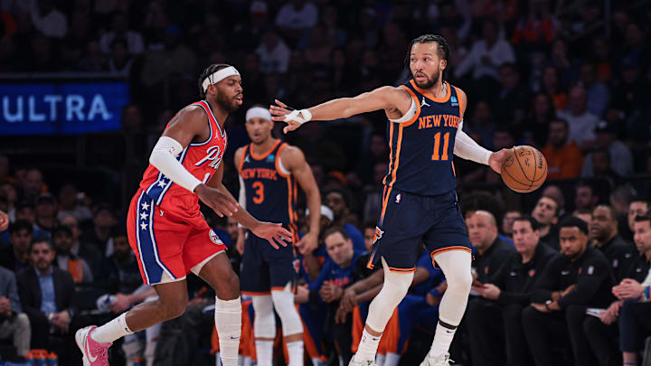 Apr 22, 2024; New York, New York, USA;  New York Knicks guard Jalen Brunson (11) dribbles as