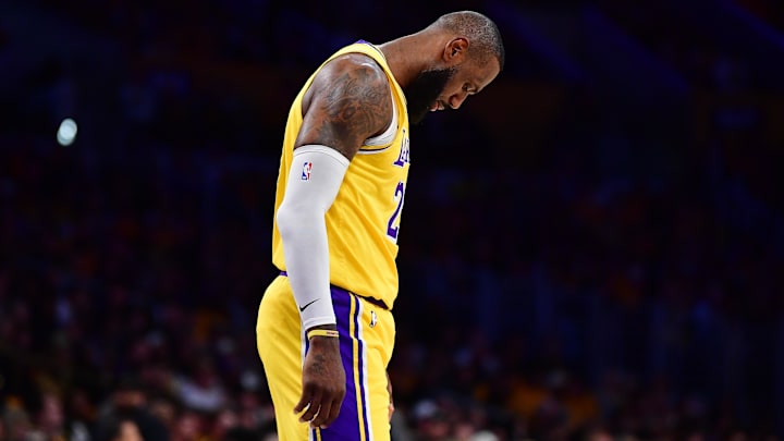 Apr 25, 2024; Los Angeles, California, USA; Los Angeles Lakers forward LeBron James (23) reacts. Apr 25, 2024; Los Angeles, California, USA; Los Angeles Lakers forward LeBron James (23) reacts.