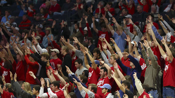 Dec 3, 2016; Oxford, MS, USA;  Mississippi Rebels student section during a free throw during the second half against the Memphis Tigers at The Pavilion at Ole Miss. Mississippi Rebels defeat the Memphis Tigers 85-77.  Mandatory Credit: Spruce Derden-Imagn Images