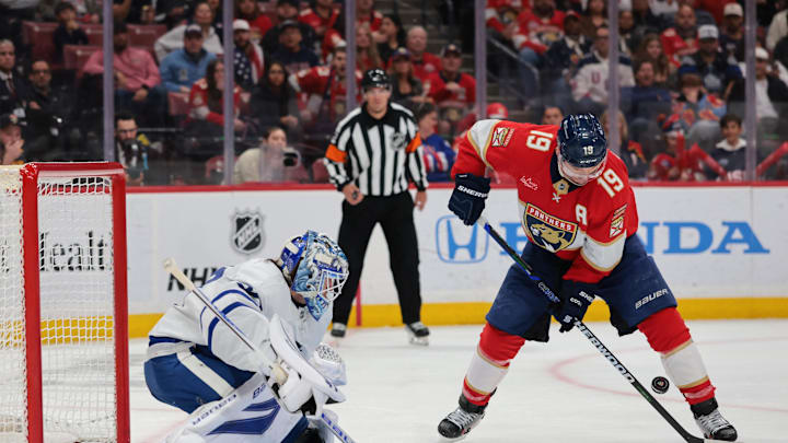 Feb 26, 2026; Sunrise, Florida, USA; Florida Panthers left wing Matthew Tkachuk (19) controls the puck in front of Toronto Maple Leafs goaltender Joseph Woll (60) during the third period at Amerant Bank Arena. Mandatory Credit: Sam Navarro-Imagn Images Feb 26, 2026; Sunrise, Florida, USA; Florida Panthers left wing Matthew Tkachuk (19) controls the puck in front of Toronto Maple Leafs goaltender Joseph Woll (60) during the third period at Amerant Bank Arena. Mandatory Credit: Sam Navarro-Imagn Images