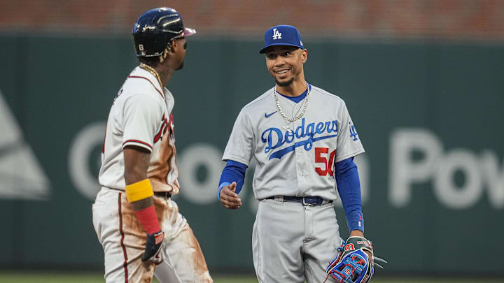 May 23, 2023; Cumberland, Georgia, USA; Atlanta Braves right fielder Ronald Acuna Jr. (13) and Los
