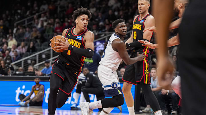Dec 31, 2025; Atlanta, Georgia, USA; Atlanta Hawks forward Jalen Johnson (1) drives to the basket against the Minnesota Timberwolves during the first half at State Farm Arena. Mandatory Credit: Dale Zanine-Imagn Images