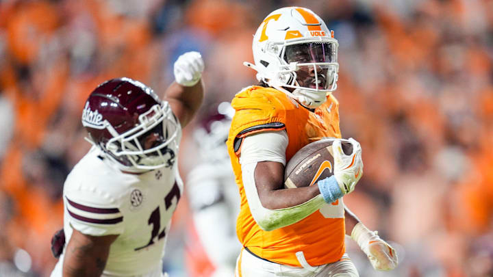 Tennessee running back Dylan Sampson (6) runs with the ball for a touchdown during a college football game between Tennessee and Mississippi State at Neyland Stadium in Knoxville, Tenn., on Saturday, Nov. 9, 2024.