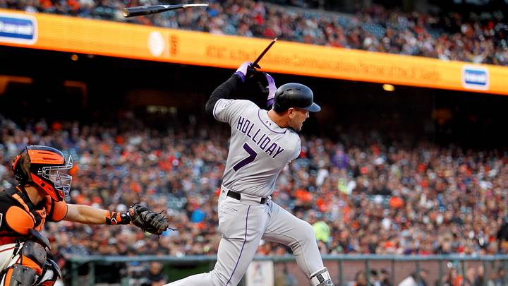 Sep 15, 2018; San Francisco, CA, USA; Colorado Rockies outfielder Matt Holliday (7) shatters his bat during the second inning against the San Francisco Giants at AT&T Park. Mandatory Credit: Kiel Maddox-Imagn Images Sep 15, 2018; San Francisco, CA, USA; Colorado Rockies outfielder Matt Holliday (7) shatters his bat during the second inning against the San Francisco Giants at AT&T Park. Mandatory Credit: Kiel Maddox-Imagn Images