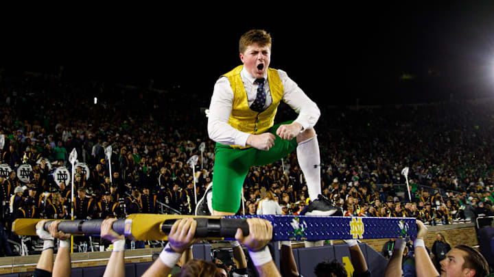 The Notre Dame Leprechaun celebrates a touchdown scored during a NCAA college football game against Florida State at Notre Dame Stadium on Saturday, Nov. 9, 2024, in South Bend. The Notre Dame Leprechaun celebrates a touchdown scored during a NCAA college football game against Florida State at Notre Dame Stadium on Saturday, Nov. 9, 2024, in South Bend.