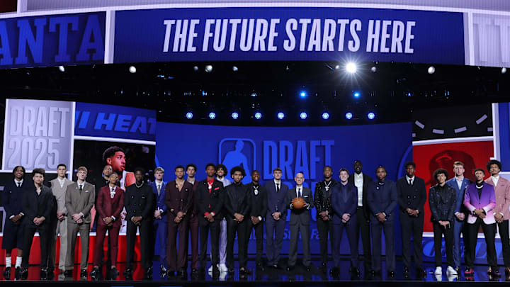 Jun 25, 2025; Brooklyn, NY, USA; The 2025 NBA Draft class and NBA commissioner Adam Silver stand on stage before the first round of the 2025 NBA Draft at Barclays Center.