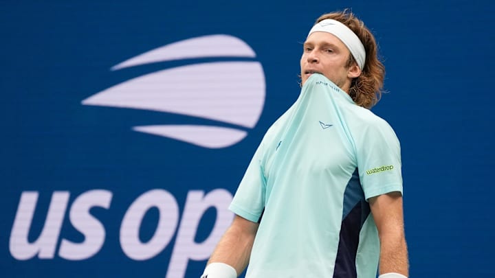 Sep 1, 2024; Flushing, NY, USA;  Andrey Rublev after a miss to Grigor Dimitrov (BUL) on day seven of the 2024 U.S. Open tennis tournament at USTA Billie Jean King National Tennis Center. Mandatory Credit: Robert Deutsch-Imagn Images