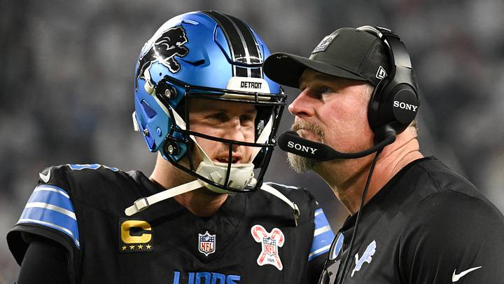 Detroit Lions quarterback Jared Goff (16) and head coach Dan Campbell