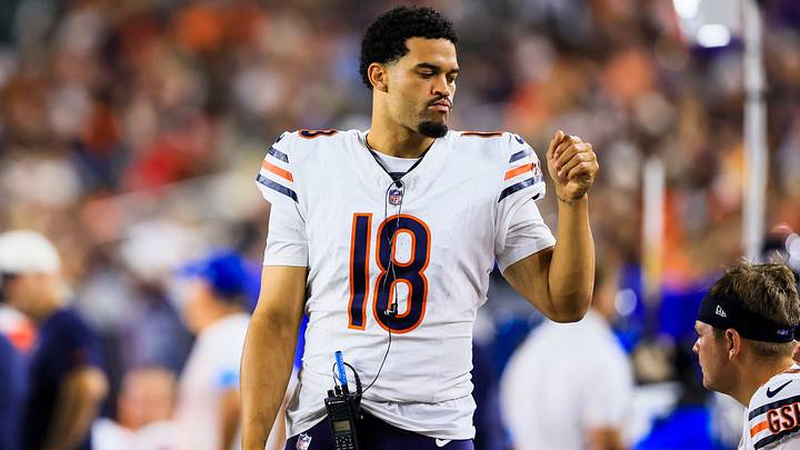 Chicago Bears quarterback Caleb Williams (18) stands on the sidelines during the second half in the game against the Cincinnati at Paycor Stadium. Mandatory Credit: Katie Stratman-Imagn Images Chicago Bears quarterback Caleb Williams (18) stands on the sidelines during the second half in the game against the Cincinnati at Paycor Stadium. Mandatory Credit: Katie Stratman-Imagn Images