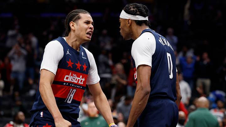 Dec 1, 2025; Washington, District of Columbia, USA; Washington Wizards guard Bilal Coulibaly (0) celebrates with Wizards forward Kyshawn George (18) after scoring while being fouled by Milwaukee Bucks forward Giannis Antetokounmpo (not pictured) in the final seconds of the fourth quarter at Capital One Arena. Mandatory Credit: Geoff Burke-Imagn Images Dec 1, 2025; Washington, District of Columbia, USA; Washington Wizards guard Bilal Coulibaly (0) celebrates with Wizards forward Kyshawn George (18) after scoring while being fouled by Milwaukee Bucks forward Giannis Antetokounmpo (not pictured) in the final seconds of the fourth quarter at Capital One Arena. Mandatory Credit: Geoff Burke-Imagn Images
