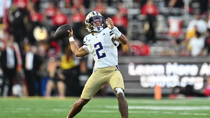 Oct 4, 2025; College Park, Maryland, USA;  Washington Huskies quarterback Demond Williams Jr. (2) passes against the Maryland Terrapins at SECU Stadium. Mandatory Credit: Jamie Sabau-Imagn Images
