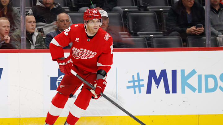 Apr 7, 2026; Detroit, Michigan, USA;  Detroit Red Wings right wing Patrick Kane (88) skates with the puck in the second period against the Columbus Blue Jackets at Little Caesars Arena. Mandatory Credit: Rick Osentoski-Imagn Images