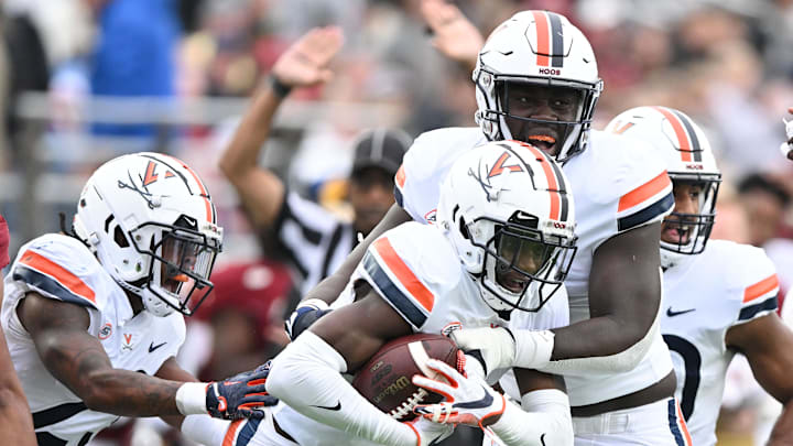 Sep 30, 2023; Chestnut Hill, Massachusetts, USA; Virginia Cavaliers cornerback Dre Walker (6) reacts after making an interception against the Boston College Eagles during the first half at Alumni Stadium. Mandatory Credit: Brian Fluharty-Imagn Images Sep 30, 2023; Chestnut Hill, Massachusetts, USA; Virginia Cavaliers cornerback Dre Walker (6) reacts after making an interception against the Boston College Eagles during the first half at Alumni Stadium. Mandatory Credit: Brian Fluharty-Imagn Images